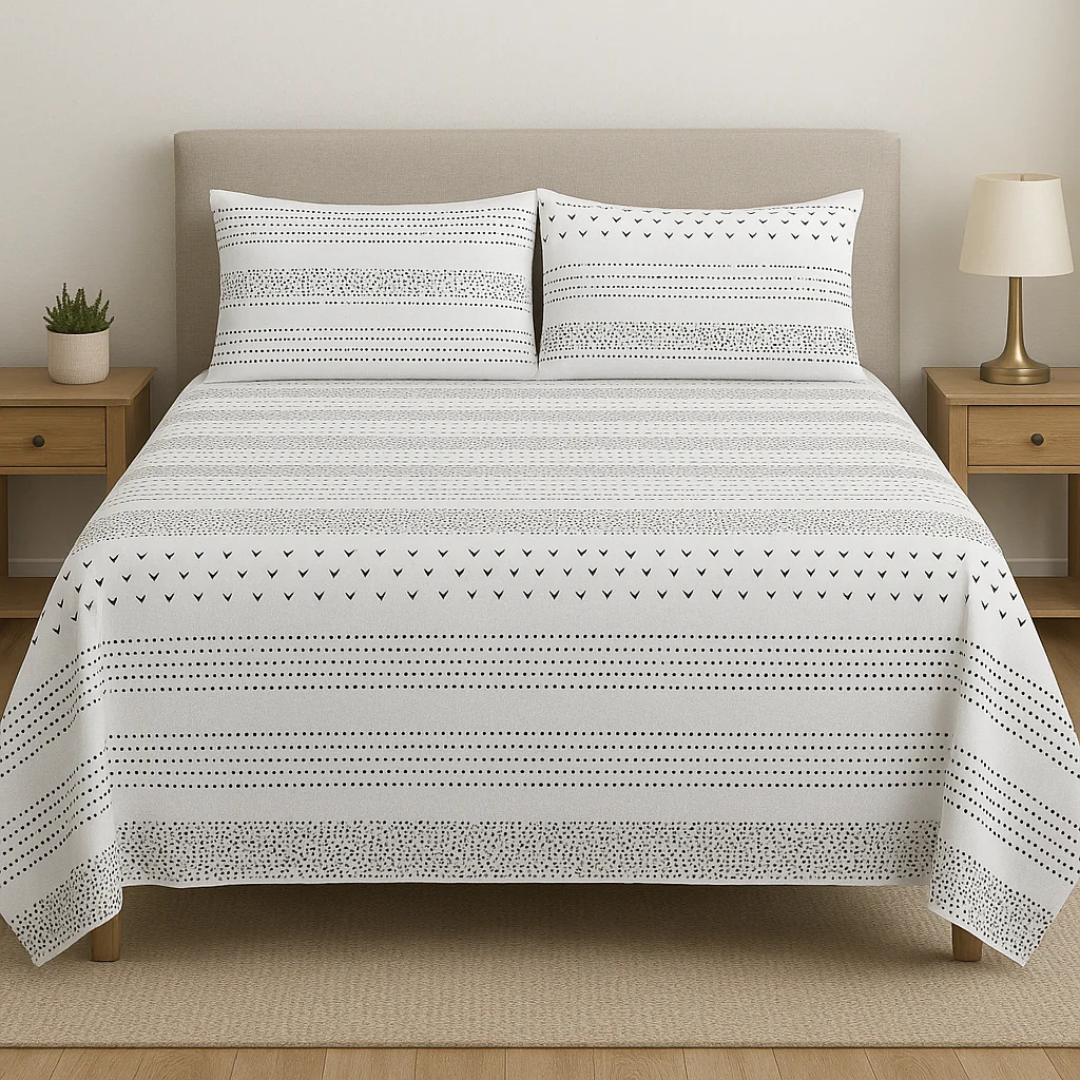 White Printed Dotted & Lining Cotton Satin Bedsheet – King Size UK - Image 4