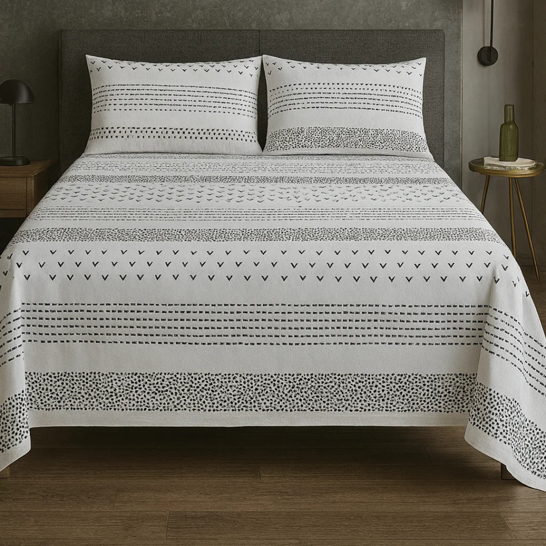 White Printed Dotted & Lining Cotton Satin Bedsheet – King Size UK - Image 3