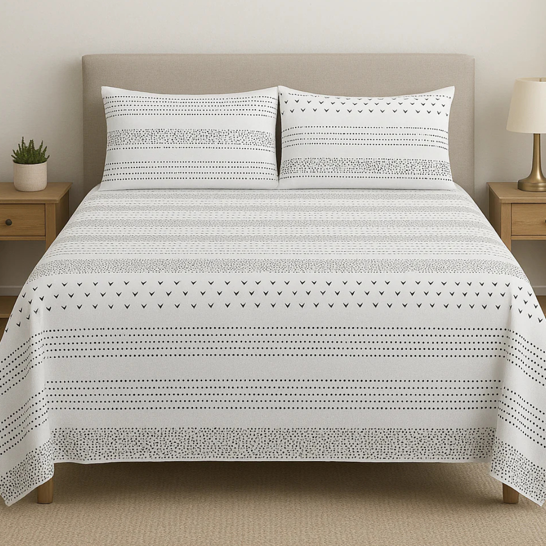 White Printed Dotted & Lining Cotton Satin Bedsheet – King Size UK - Image 2