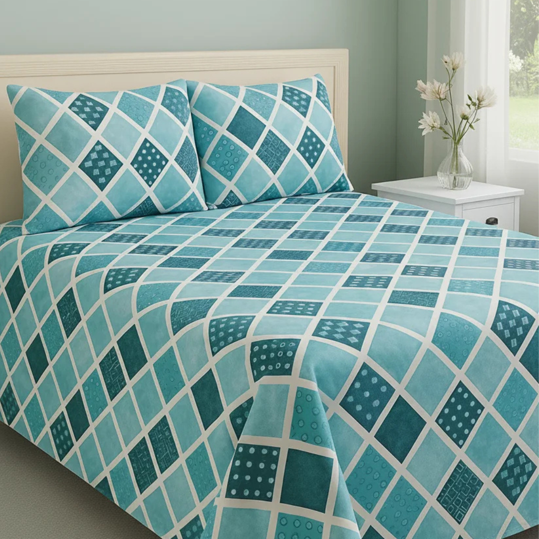 Blue & Teal Diamond Printed Cotton Satin Bedsheet – King Size UK - Image 4