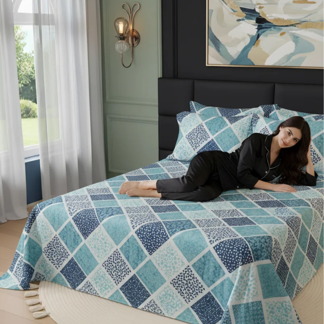Blue & Teal Diamond Printed Cotton Satin Bedsheet – King Size UK - Image 3