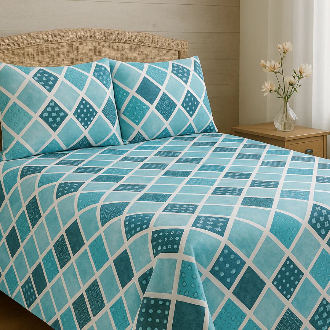 Blue & Teal Diamond Printed Cotton Satin Bedsheet – King Size UK - Image 2